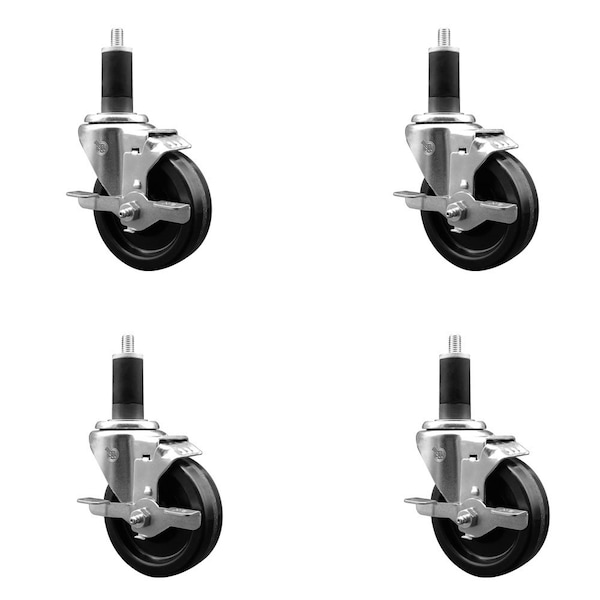 4'' Phenolic Swivel 1-1/4'' Expanding Stem Caster Set with Brake, 4PK
